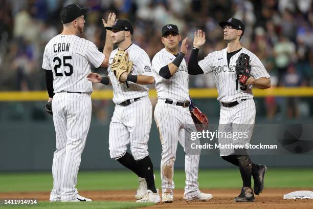 Cron, Garrett Hampson, Jose Iglesias and Randal Grichuk of the Colorado Rockies celebrate their win against the Los Angeles Dodgers at Coors Field on...