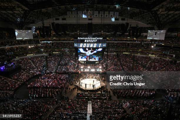 An overhead general of the Octagon in during the UFC 277 event at American Airlines Center on July 30, 2022 in Dallas, Texas.