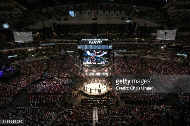 An overhead general of the Octagon in during the UFC 277 event at American Airlines Center on July 30, 2022 in Dallas, Texas.