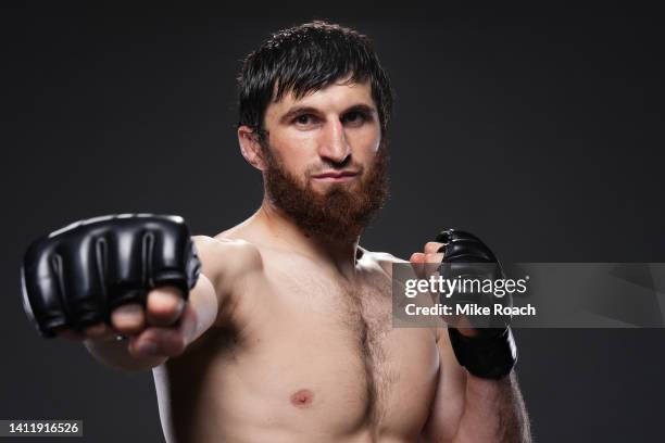 Magomed Ankalaev of Russia poses for a post fight portrait backstage during the UFC 277 event at American Airlines Center on July 30, 2022 in Dallas,...