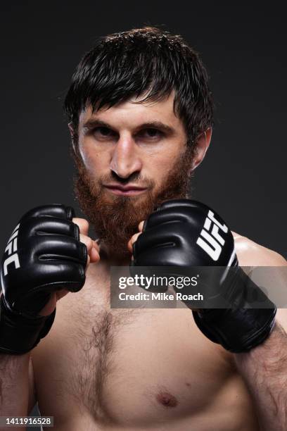 Magomed Ankalaev of Russia poses for a post fight portrait backstage during the UFC 277 event at American Airlines Center on July 30, 2022 in Dallas,...