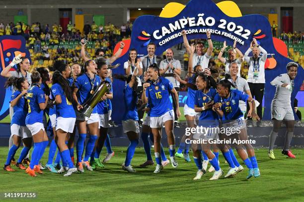 Players of Brazil celebrate with the trophy after winning the final match between Brazil and Colombia as part of Women's CONMEBOL Copa America 2022...