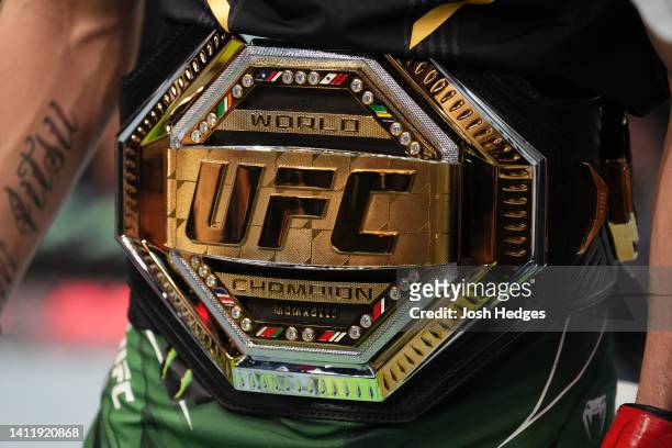 Detail view of the championship belt on Brandon Moreno of Mexico after he defeated Kai Kara-France of New Zealand in the interim UFC flyweight...