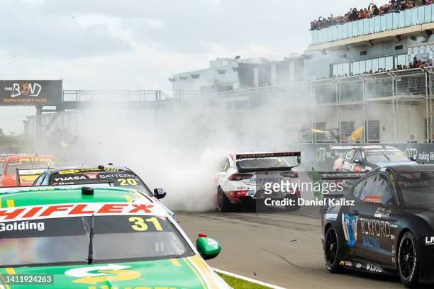 Andre Heimgartner driver of the Brad Jones Racing Holden Commodore ZB is pictured after colliding with Thomas Randle driver of the Castrol Racing...