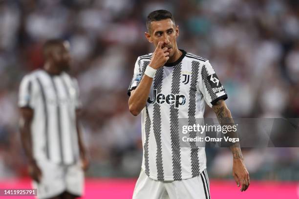 Angel Di Maria of Juventus FC gestures during the preseason friendly match between Real Madrid and Juventus FC at Rose Bowl on July 30, 2022 in...