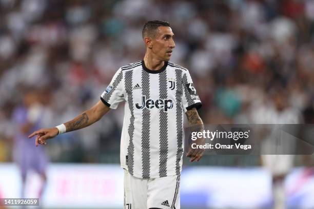 Angel Di Maria of Juventus FC looks on during the preseason friendly match between Real Madrid and Juventus FC at Rose Bowl on July 30, 2022 in...