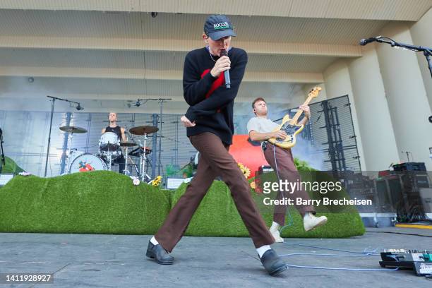 Chase Lawrence and Ryan Winnen of COIN perform at Lollapalooza in Grant Park on July 30, 2022 in Chicago, Illinois.