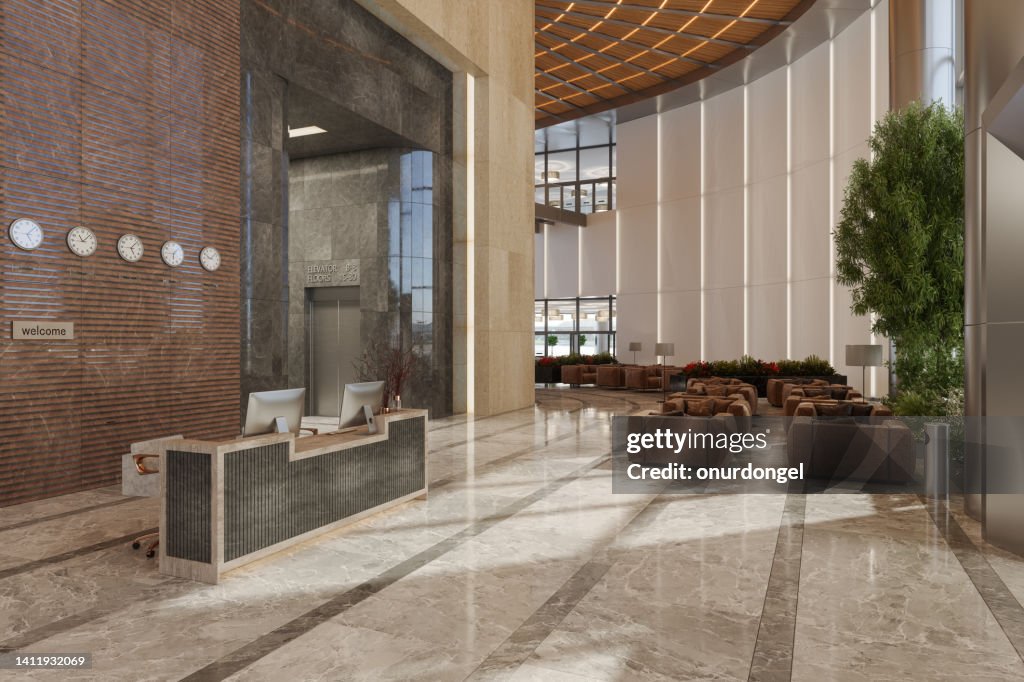Luxushotel-Lobby mit Rezeption und Wartebereich