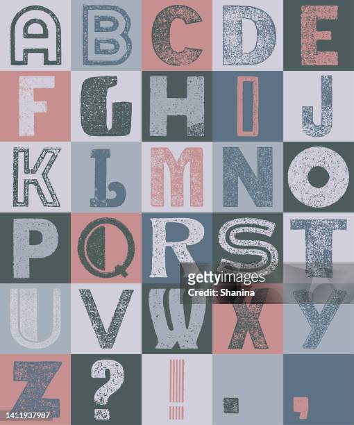 vintage alphabet on a grid - v4 - letterpress stock illustrations