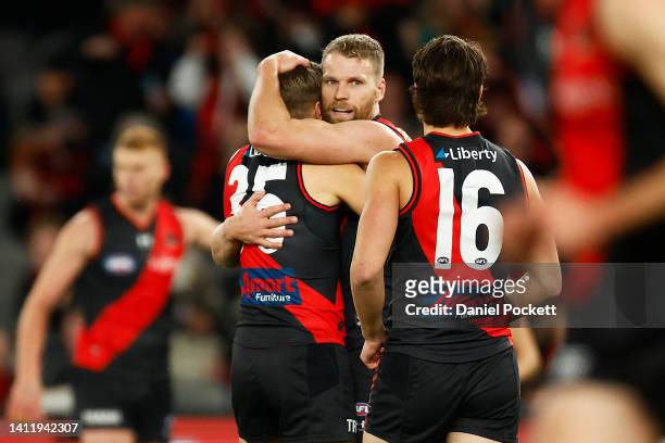 Jake Stringer of the Bombe celebrates kicking a goal during the round 20 AFL match between the Essendon Bombers and the North Melbourne Kangaroos at...