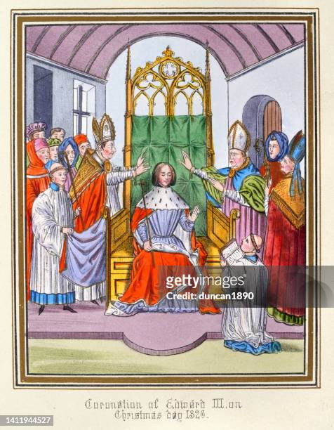 the coronation of edward iii, king of england, 1326, medieval english history - bishop clergy stock illustrations