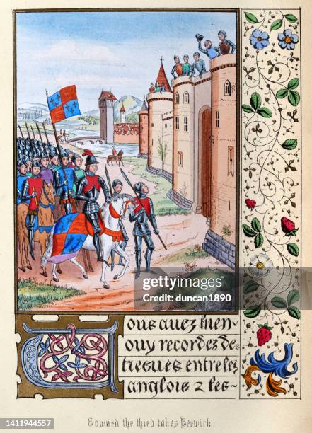 stockillustraties, clipart, cartoons en iconen met berwick surrendering to to king edward iii of england after battle of halidon hill, 1333 - versterkte muur