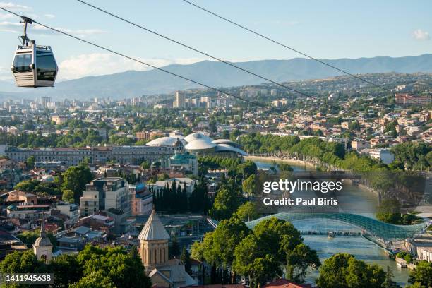 Panorama View Of Tbilisi Capital Of Georgia Country View From Narikala Fortress Cable Road Above Tiled Roofs, Foto de stock