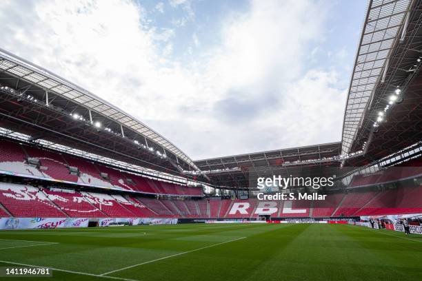 General view inside the empty stadium prior the Supercup 2022 match between RB Leipzig and FC Bayern München at Red Bull Arena on July 30, 2022 in...