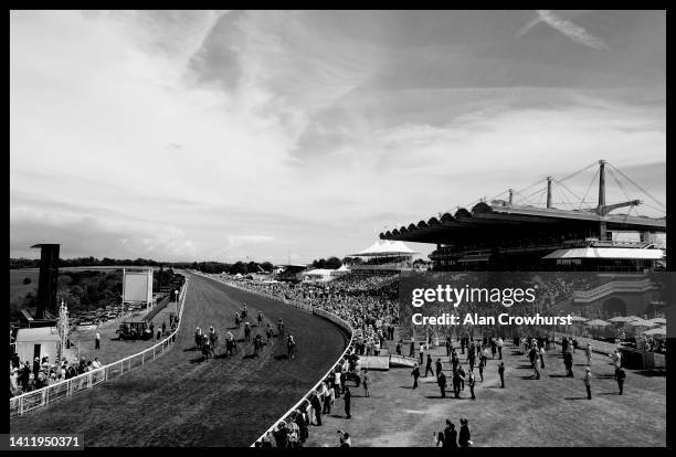 Grandstands and racing at Goodwood on July 27, 2022 in Chichester, England.
