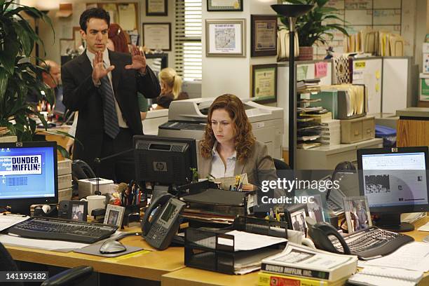 Gossip" Episode 601 -- Pictured: B.J. Novak as Ryan Howard, Jenna Fischer as Pam Beesly -- Photo by: Chris Haston/NBCU Photo Bank