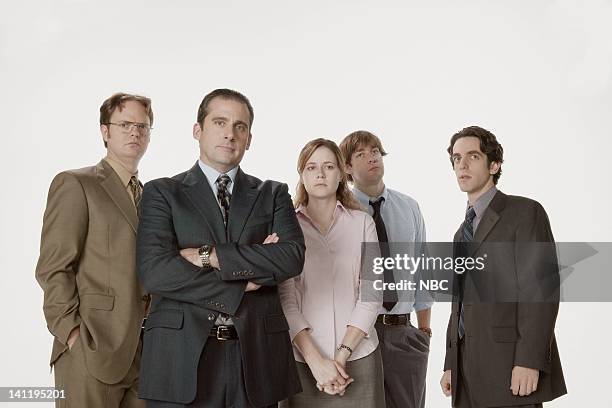 Season 1 -- Pictured: Rainn Wilson as Dwight Schrute, Steve Carell as Michael Scott, Jenna Fischer as Pam Beesly, John Krasinski as Jim Halpert, and...