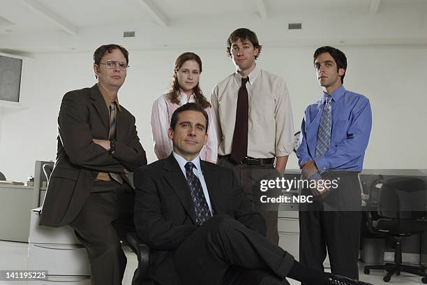 Season 2 -- Pictured: Rainn Wilson as Dwight Shrute, Jenna Fischer as Pam Beesly, Steve Carell as Michael Scott, John Krasinski as Jim Halpert, B.J....