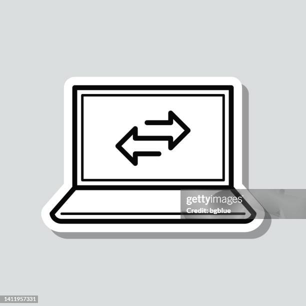 transfer with laptop. icon sticker on gray background - 2 computer screens stock illustrations