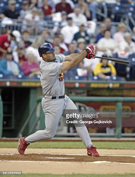 Albert Pujols of the St. Louis Cardinals bats against the Pittsburgh Pirates during a Major League Baseball game at PNC Park on June 3, 2004 in...