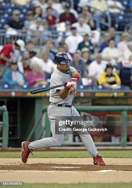 Albert Pujols of the St. Louis Cardinals bats against the Pittsburgh Pirates during a Major League Baseball game at PNC Park on June 3, 2004 in...