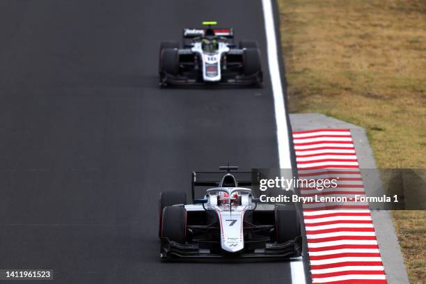 Marcus Armstrong of New Zealand and Hitech Grand Prix leads Theo Pourchaire of France and ART Grand Prix during the Round 10:Budapest Feature race of...