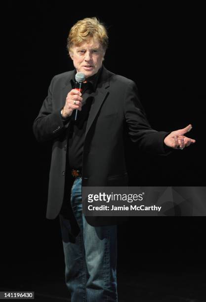 Founder and President of Sundance Institute Robert Redford speaks onstage at the 2012 Sundance Institute Theatre Program New York benefit performance...