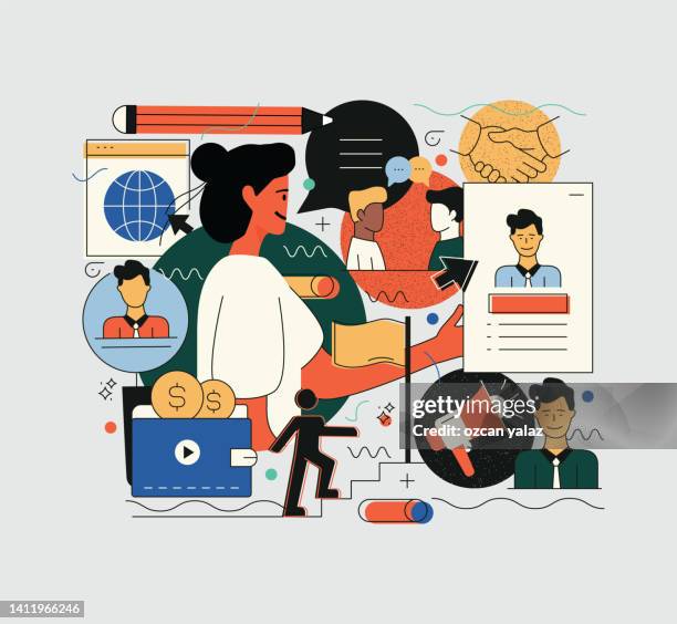 illustrations, cliparts, dessins animés et icônes de recherche d’emploi et entrevue. modèle prêt pour la vie professionnelle. la vue couleur est prête à l’emploi et modifiable. - recherche demploi