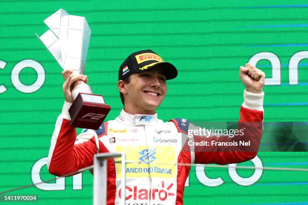 Second placed Enzo Fittipaldi of Brazil and Charouz Racing System celebrates on the podium during the Round 10:Budapest Feature race of the Formula 2...