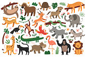 Jungle animals bungle, tropical leopard, felines, dancing giraffe and zebra, sleeping jaguar, set of vector illustrations, cute characters for children