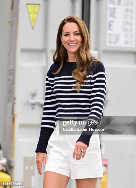 Catherine, Duchess Of Cambridge during her visit to the 1851 Trust and the Great Britain SailGP Team on July 31, 2022 in Plymouth, England. During...