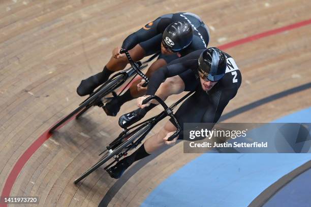 Shah Sahrom of Team Malaysia and Sam Dakin of Team New Zealand compete during the Men's Sprint Track Cycling 1/8 Finals 7 on day three of the...