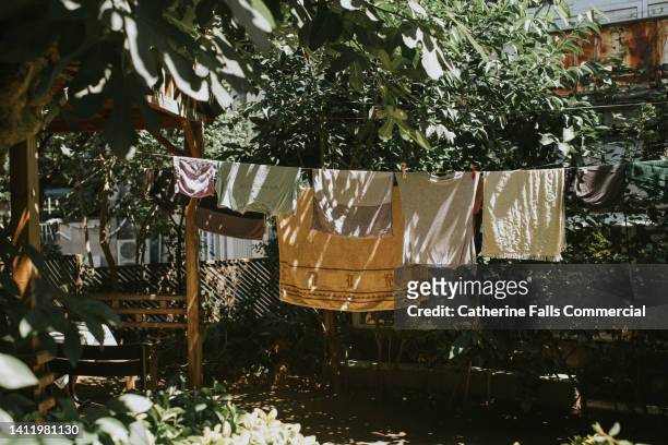 damp clothing hanging on a washing line - hanging in garden bildbanksfoton och bilder