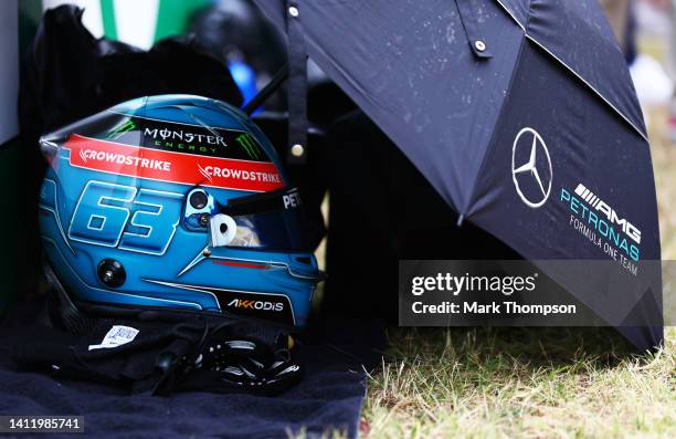 The race helmet of George Russell of Great Britain and Mercedes is pictured on the grid during the F1 Grand Prix of Hungary at Hungaroring on July...