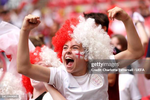 An England fan show their support prior to the UEFA Women's Euro 2022 final match between England and Germany at Wembley Stadium on July 31, 2022 in...