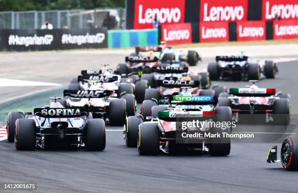 Rear view round turn one at the start during the F1 Grand Prix of Hungary at Hungaroring on July 31, 2022 in Budapest, Hungary.