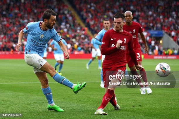 Bernardo Silva of Manchester City in action with Andy Robertson of Liverpool during the FA Community Shield between Manchester City and Liverpool at...