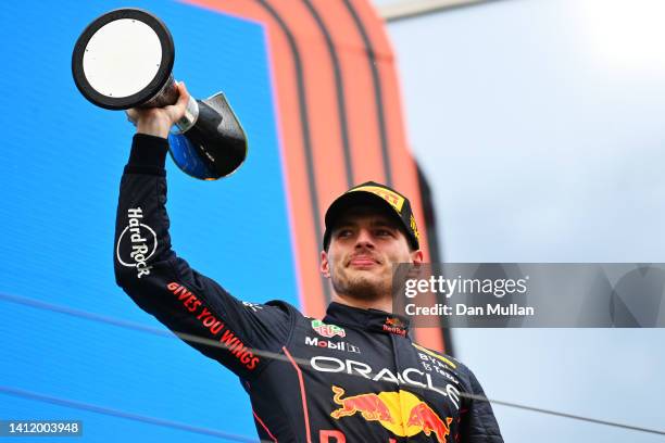 Race winner Max Verstappen of the Netherlands and Oracle Red Bull Racing celebrates on the podium during the F1 Grand Prix of Hungary at Hungaroring...