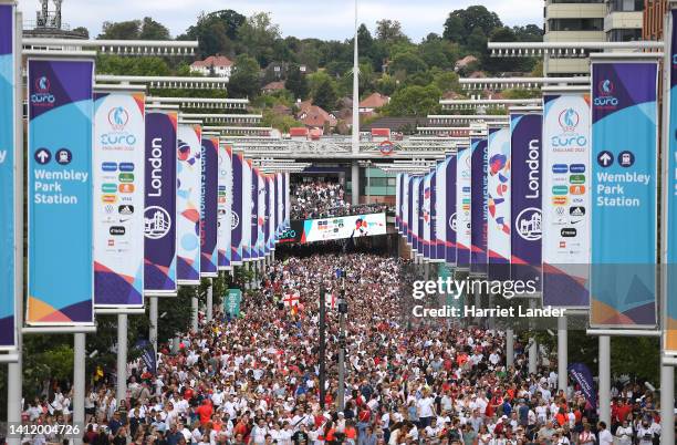 General view of Wembley Way as fans of England and Germany arrive prior to kick off of the UEFA Women's Euro 2022 final match between England and...