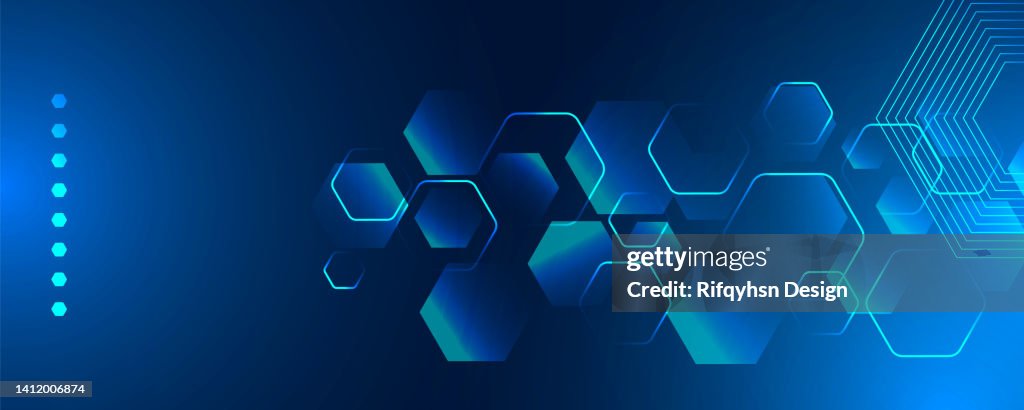 Astratto sfondo geometrico esagonale blu con effetto luce al neon. Sfondo futuristico moderno. Può essere utilizzato per pagine di destinazione, copertine di libri, brochure, volantini, riviste, marchi, banner, intestazioni, presentazioni e sfondi di sfon