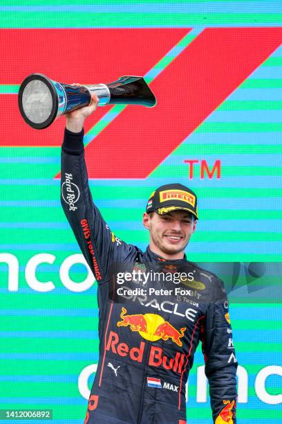 Max Verstappen of Red Bull Racing and The Netherlands celebrates finishing in first position during the F1 Grand Prix of Hungary at Hungaroring on...