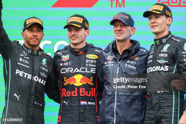 Lewis Hamilton of Mercedes and Great Britain, Max Verstappen of Red Bull Racing and The Netherlands, Adrian Newey of Red Bull and Great Britain and...