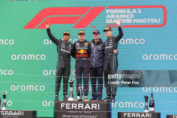 Lewis Hamilton of Mercedes and Great Britain, Max Verstappen of Red Bull Racing and The Netherlands, Adrian Newey of Red Bull and Great Britain and...