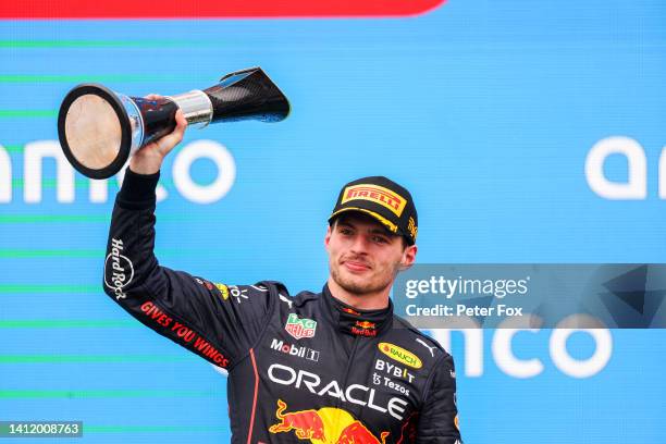 Max Verstappen of Red Bull Racing and The Netherlands celebrates finishing in first position during the F1 Grand Prix of Hungary at Hungaroring on...