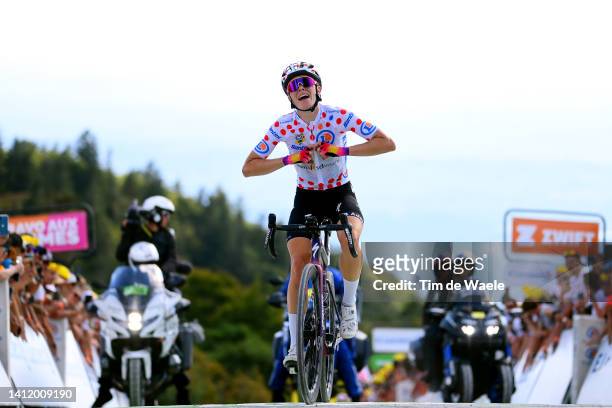 Demi Vollering of Netherlands and Team SD Worx - Polka Dot Mountain Jersey reacts crossing the finish line on second place during the 1st Tour de...
