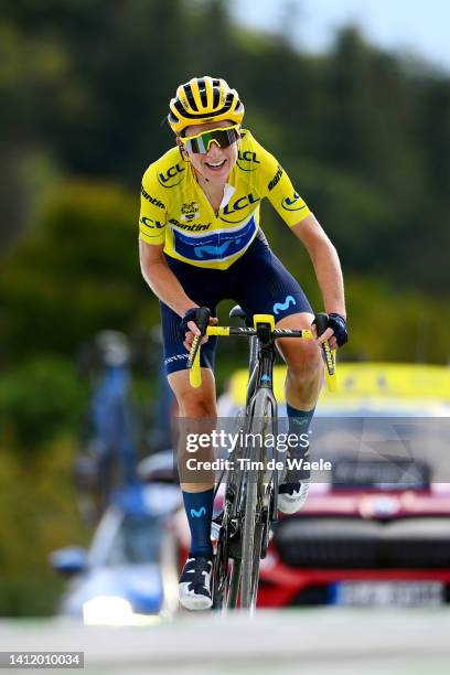 Annemiek Van Vleuten of Netherlands and Movistar Team - Yellow Leader Jersey celebrates at finish line as stage and overall race winner during the...