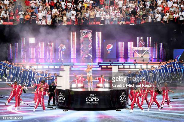 General view as Becky Hill performs prior to kick off of the UEFA Women's Euro 2022 final match between England and Germany at Wembley Stadium on...