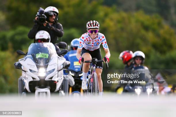 Demi Vollering of Netherlands and Team SD Worx - Polka Dot Mountain Jersey reacts crossing the finish line on second place during the 1st Tour de...