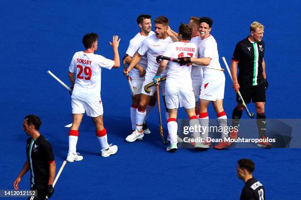 Nicholas Bandurak of Team England celebrates scoring a goal during Men Pool B match between Team Wales and Team England on day three of the...