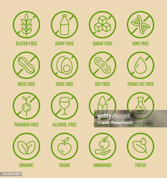 stockillustraties, clipart, cartoons en iconen met natural products. allergens. food intolerance. set of icons - dairy free, gluten free, sugar free, gmo free, nut free, paraben free. vector illustration. - parabens